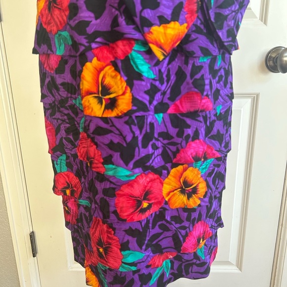 Vintage 80’s A.J. Bari Strapless Ruffled Aloha Hibiscus Silk Cocktail Dress Sz 8 - Picture 7 of 13